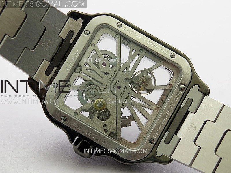 Santos Skeleton Black PVD Case RICH 1:1 Skeleton Black Dial On SS SmartLink Bracelet 9611MC Super Clone