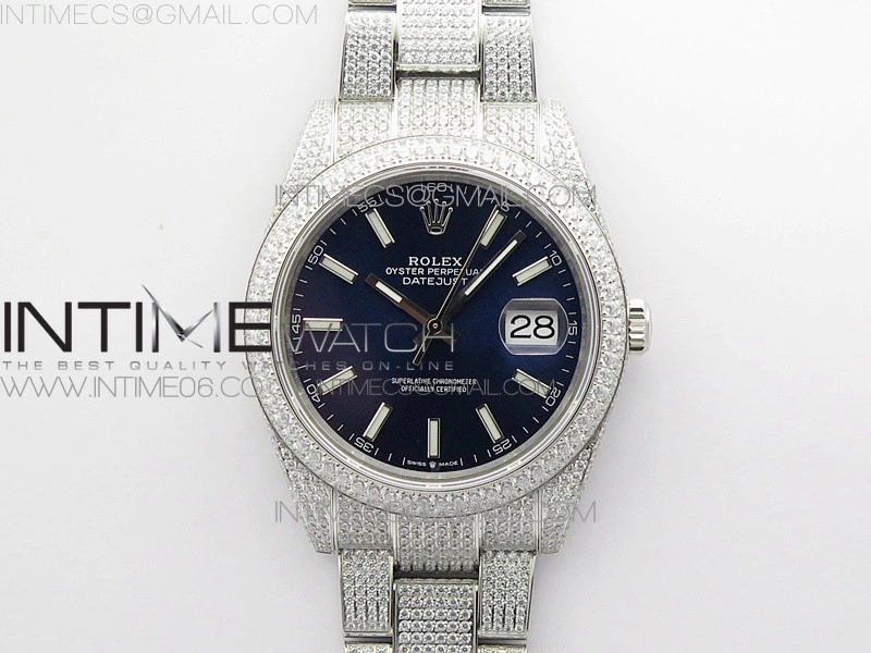 DateJust 41 126334 904 Full Paved Diamonds BP Best Edition Blue Dial Sticks Markers on Oyster Bracelet A2824