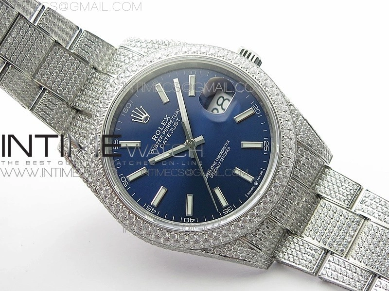DateJust 41 126334 904 Full Paved Diamonds BP Best Edition Blue Dial Sticks Markers on Oyster Bracelet A2824