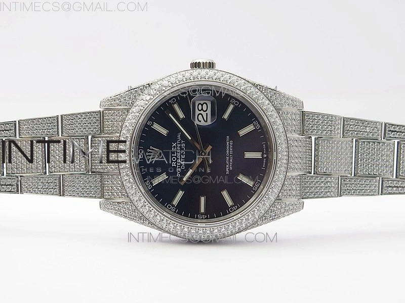 DateJust 41 126334 904 Full Paved Diamonds BP Best Edition Blue Dial Sticks Markers on Oyster Bracelet A2824