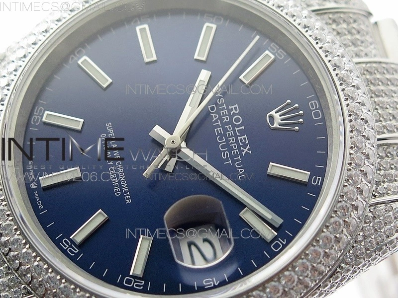 DateJust 41 126334 904 Full Paved Diamonds BP Best Edition Blue Dial Sticks Markers on Oyster Bracelet A2824