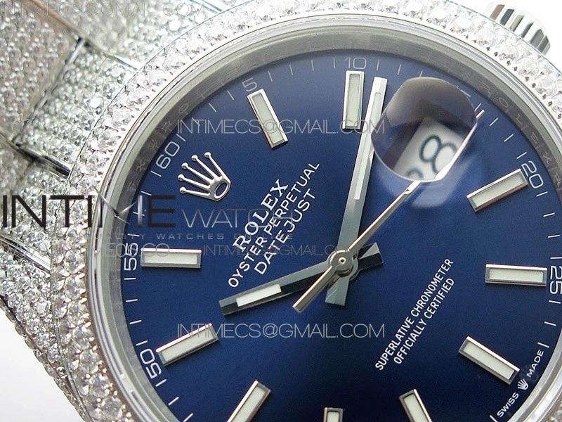 DateJust 41 126334 904 Full Paved Diamonds BP Best Edition Blue Dial Sticks Markers on Oyster Bracelet A2824