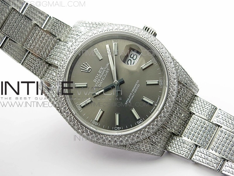 DateJust 41 126334 904 Full Paved Diamonds BP Best Edition Gray Dial Sticks Markers on Oyster Bracelet A2824