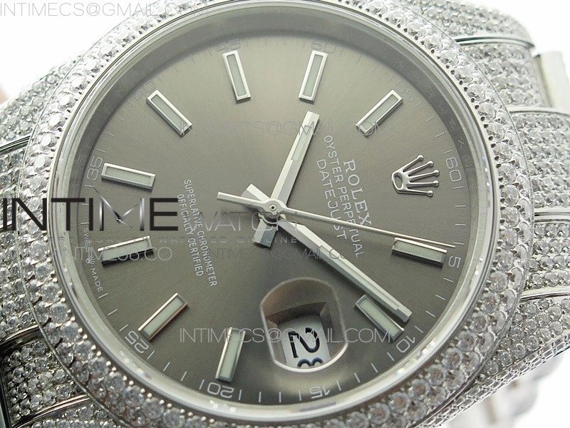DateJust 41 126334 904 Full Paved Diamonds BP Best Edition Gray Dial Sticks Markers on Oyster Bracelet A2824