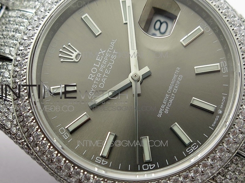 DateJust 41 126334 904 Full Paved Diamonds BP Best Edition Gray Dial Sticks Markers on Oyster Bracelet A2824