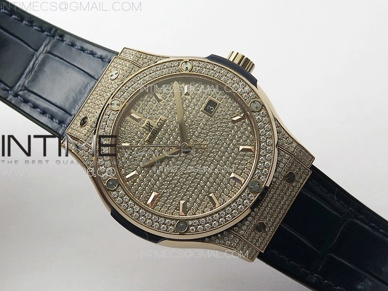 Classic Fusion 42mm RG Paved Diamonds Case And Bezel B50F Paved Diamonds Dial On Blue Gummy Strap A2892