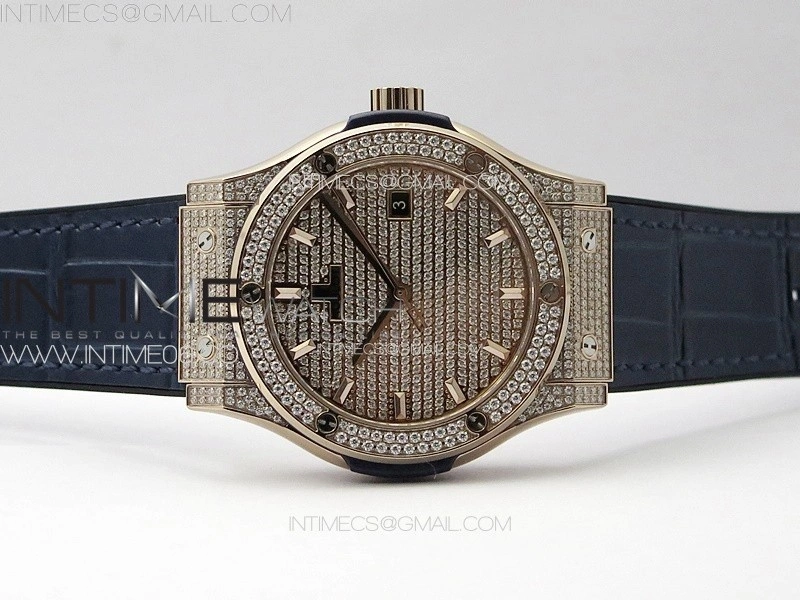 Classic Fusion 42mm RG Paved Diamonds Case And Bezel B50F Paved Diamonds Dial On Blue Gummy Strap A2892