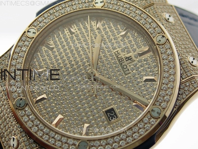 Classic Fusion 42mm RG Paved Diamonds Case And Bezel B50F Paved Diamonds Dial On Blue Gummy Strap A2892