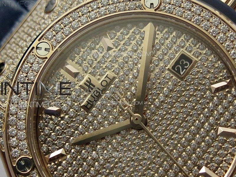 Classic Fusion 42mm RG Paved Diamonds Case And Bezel B50F Paved Diamonds Dial On Blue Gummy Strap A2892