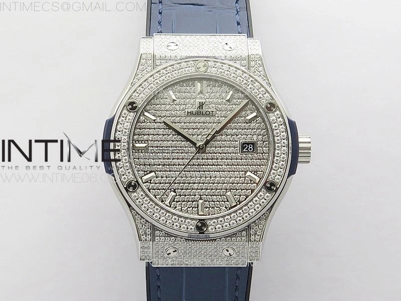 Classic Fusion 42mm SS Paved Diamonds Case And Bezel B50F Paved Diamonds Dial On Blue Gummy Strap A2892