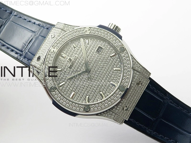 Classic Fusion 42mm SS Paved Diamonds Case And Bezel B50F Paved Diamonds Dial On Blue Gummy Strap A2892