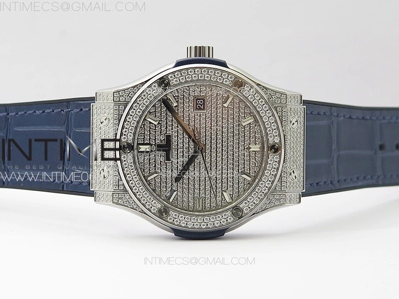 Classic Fusion 42mm SS Paved Diamonds Case And Bezel B50F Paved Diamonds Dial On Blue Gummy Strap A2892
