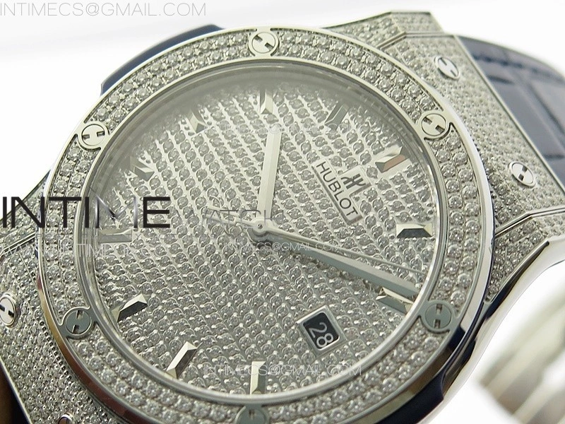 Classic Fusion 42mm SS Paved Diamonds Case And Bezel B50F Paved Diamonds Dial On Blue Gummy Strap A2892