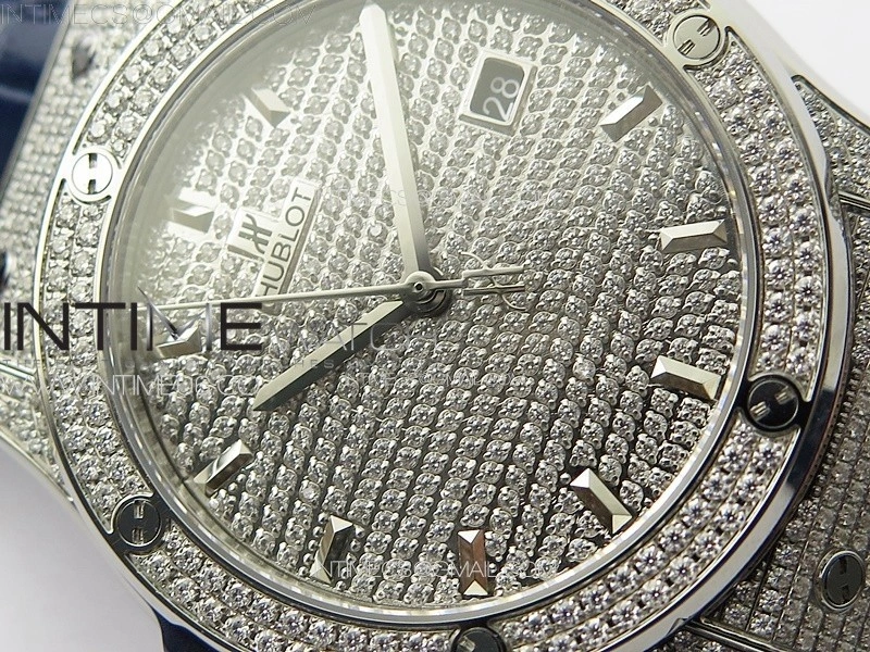 Classic Fusion 42mm SS Paved Diamonds Case And Bezel B50F Paved Diamonds Dial On Blue Gummy Strap A2892