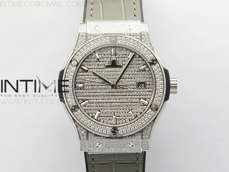 Classic Fusion 42mm SS Paved Diamonds Case And Bezel B50F Paved Diamonds Dial On Gray Gummy Strap A2892