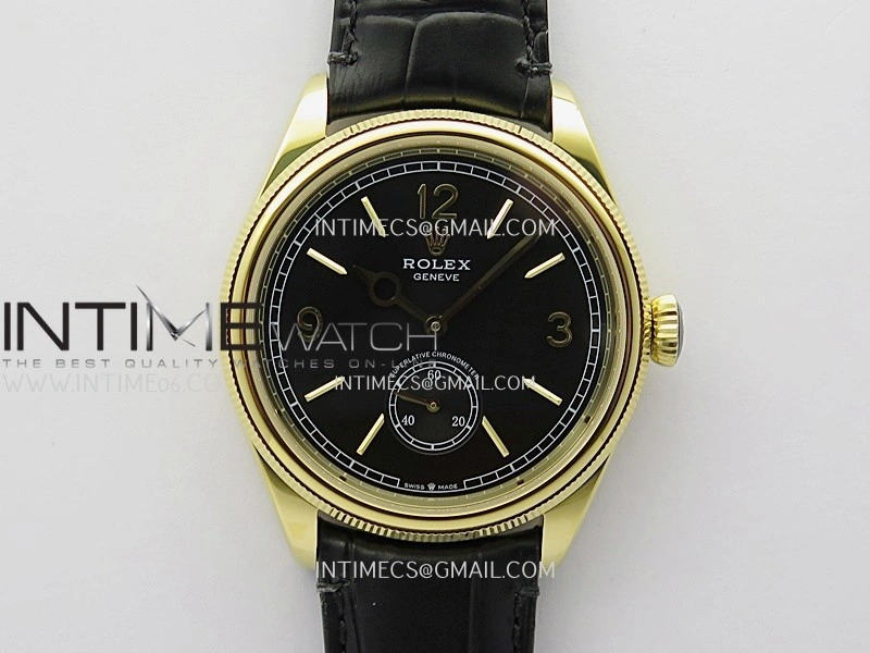 Perpetual 1908 52509 39mm YG 8+F Black Dial On Black Leather Strap A7140