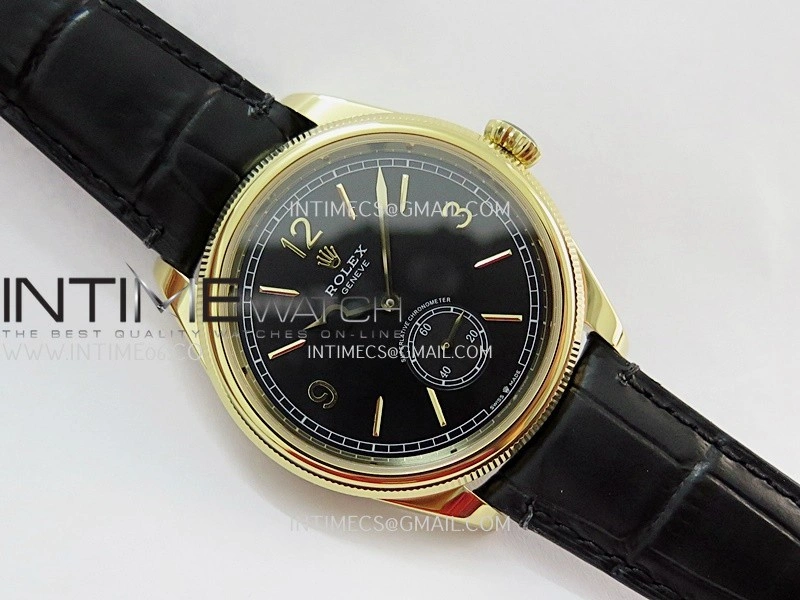 Perpetual 1908 52509 39mm YG 8+F Black Dial On Black Leather Strap A7140