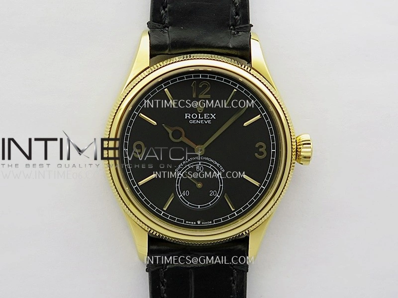 Perpetual 1908 52509 39mm YG ESF Black Dial On Black Leather Strap A7140