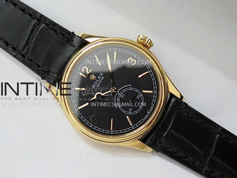Perpetual 1908 52509 39mm YG ESF Black Dial On Black Leather Strap A7140