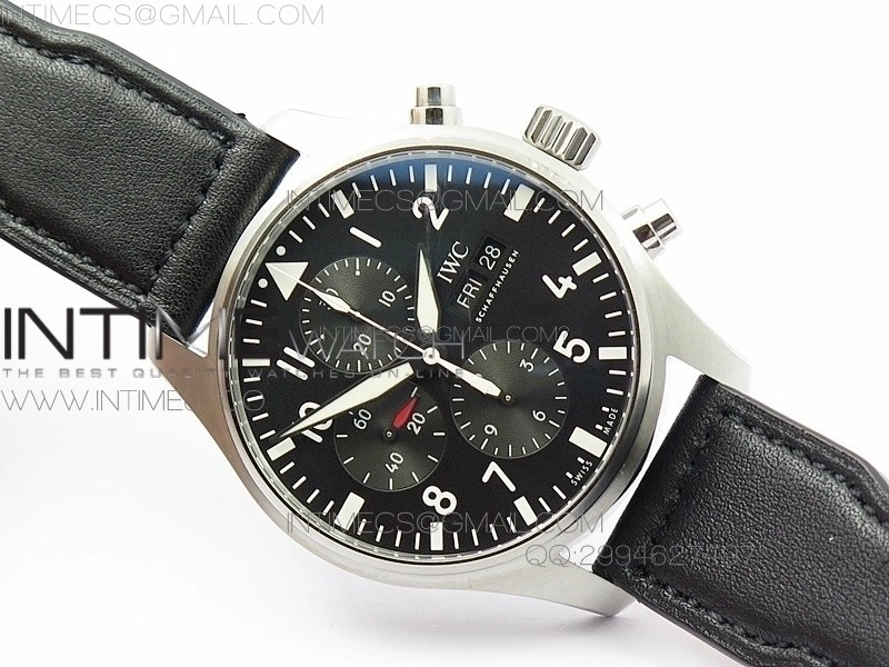 Pilot Chrono SS IW377709 ZF Best Edition Black Dial on Black Leather Strap A7750