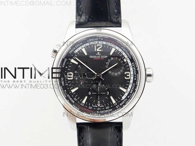 Polaris Geographic TWA SS Black Textured Dial on Black Leather Strap A936