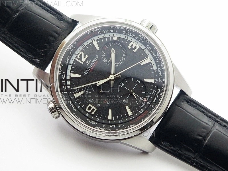 Polaris Geographic TWA SS Black Textured Dial on Black Leather Strap A936