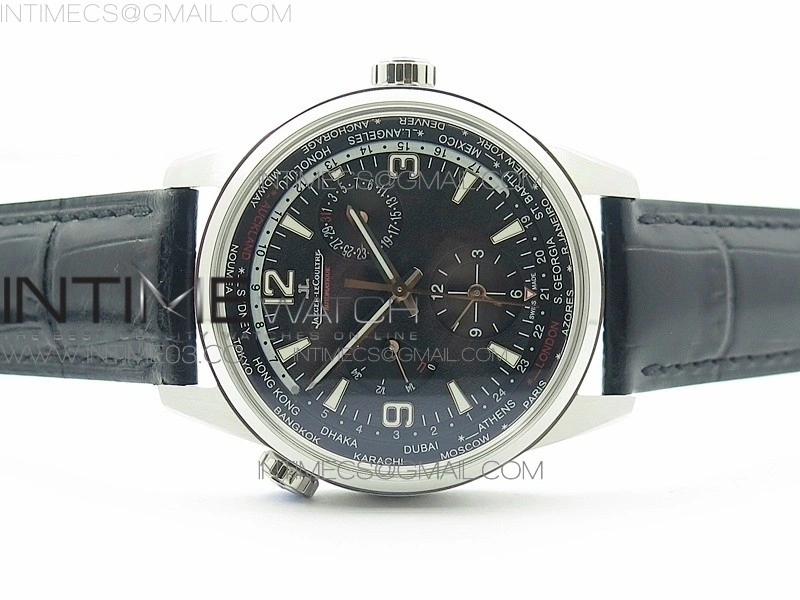Polaris Geographic TWA SS Black Textured Dial on Black Leather Strap A936