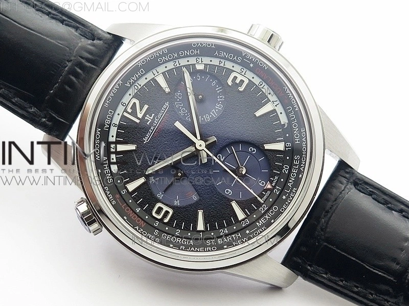 Polaris Geographic TWA SS Blue Textured Dial on Black Leather Strap A936