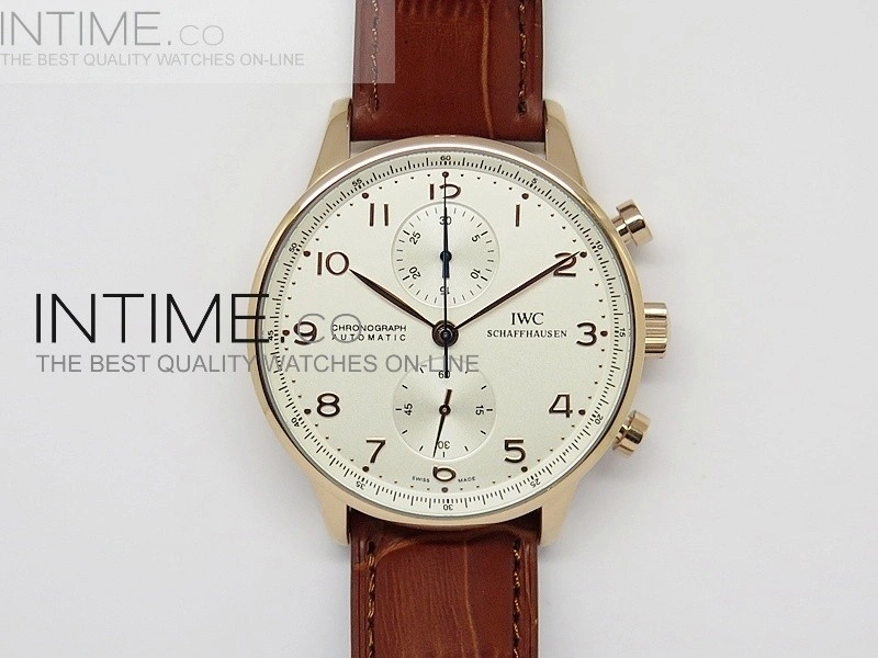 Portuguese 40mm Chrono RG White Dial on Leather Strap A7750
