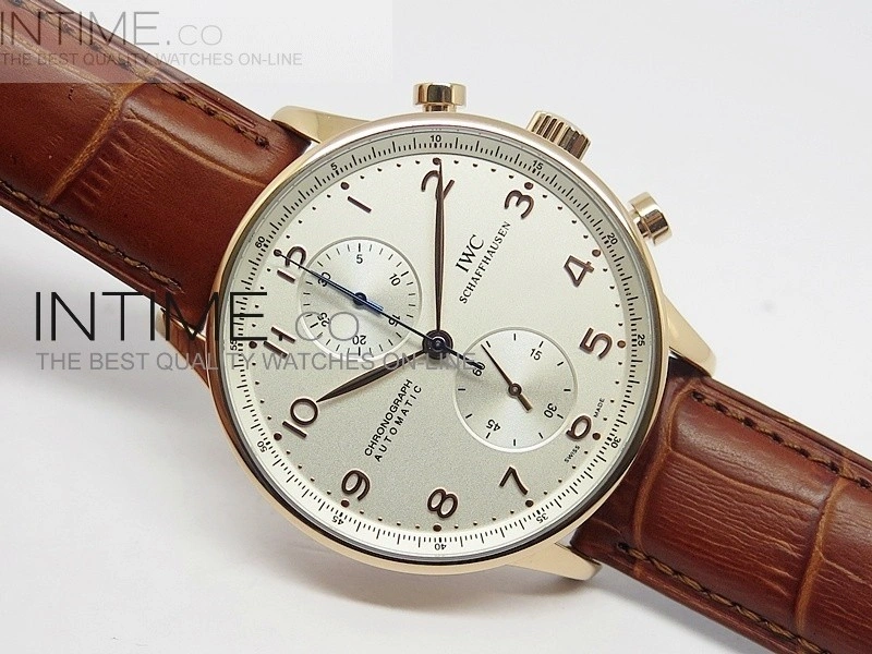Portuguese 40mm Chrono RG White Dial on Leather Strap A7750