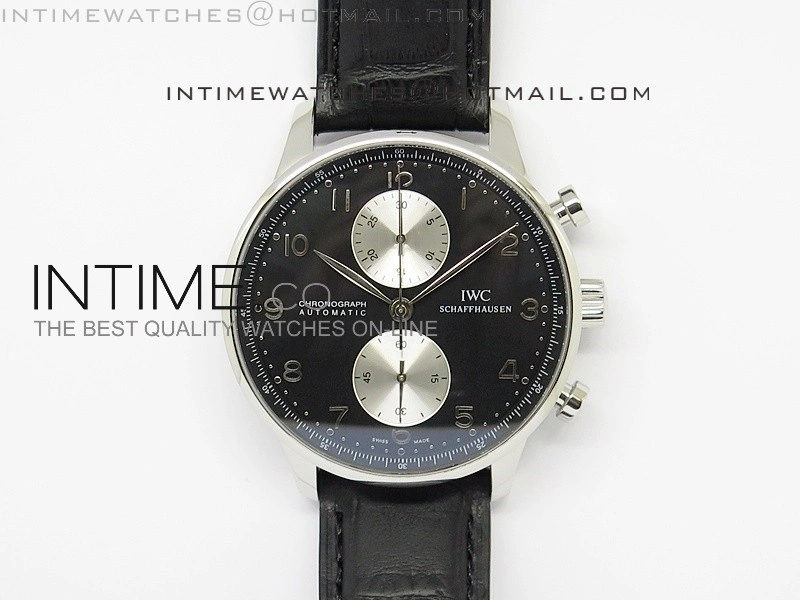 Portuguese 40mm Chrono SS Black Dial Sliver subdial on Leather Strap A7750