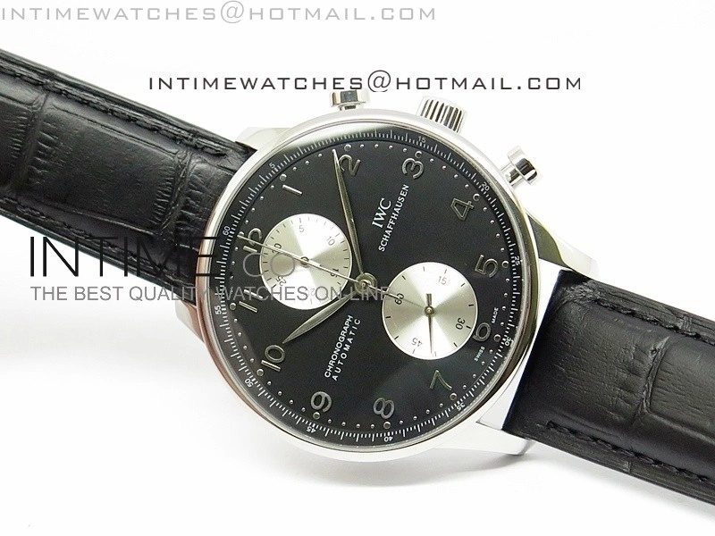 Portuguese 40mm Chrono SS Black Dial Sliver subdial on Leather Strap A7750