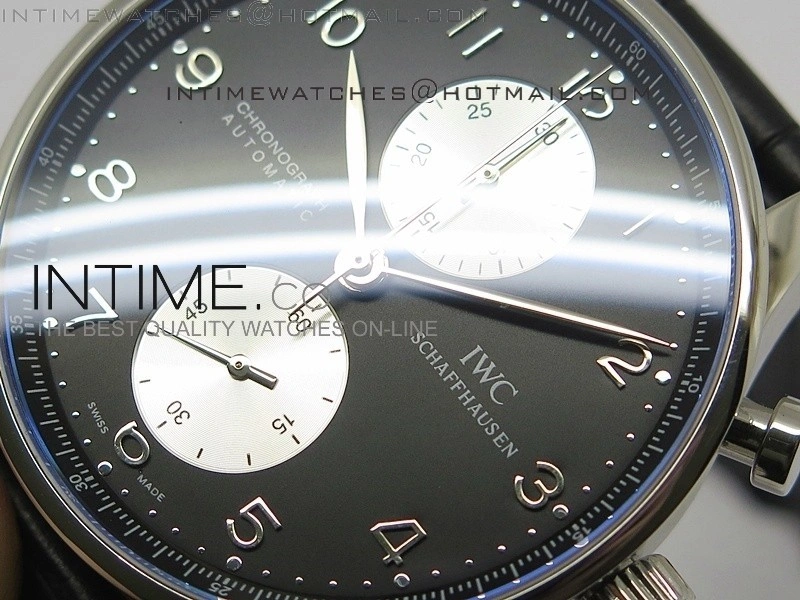 Portuguese 40mm Chrono SS Black Dial Sliver subdial on Leather Strap A7750