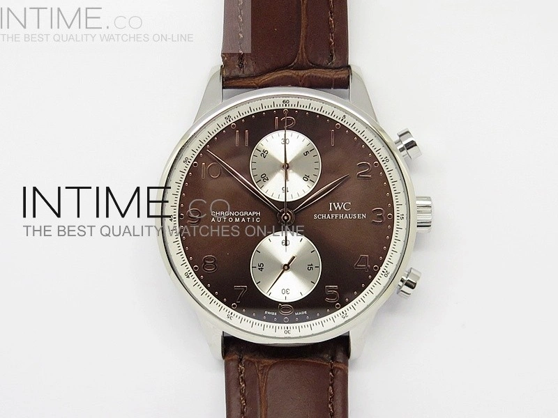 Portuguese 40mm Chrono SS Brown Dial Sliver subdial on Leather Strap A7750
