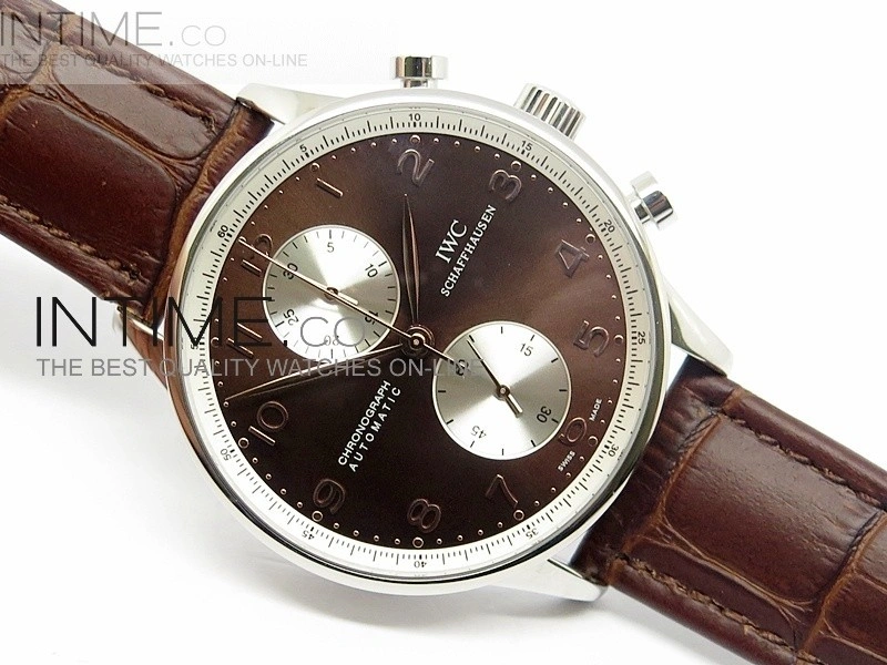 Portuguese 40mm Chrono SS Brown Dial Sliver subdial on Leather Strap A7750