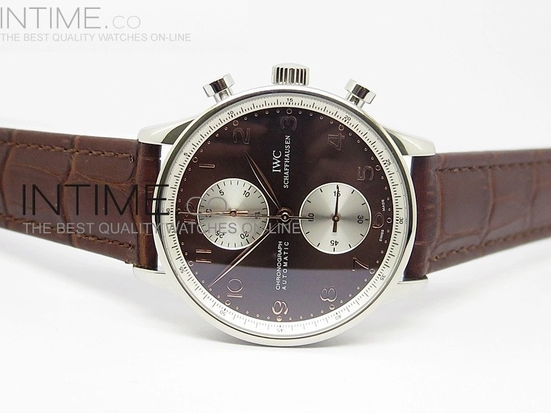 Portuguese 40mm Chrono SS Brown Dial Sliver subdial on Leather Strap A7750
