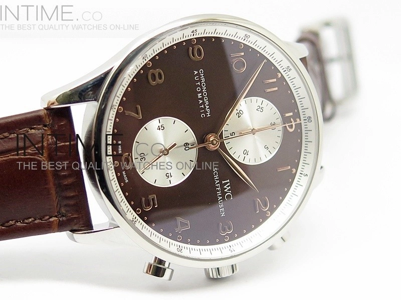 Portuguese 40mm Chrono SS Brown Dial Sliver subdial on Leather Strap A7750
