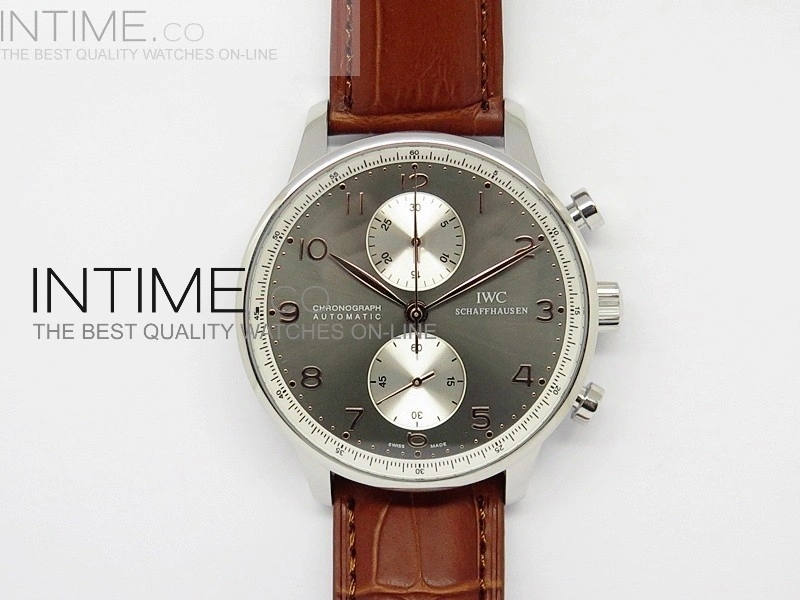 Portuguese 40mm Chrono SS Gray Dial Sliver subdial on Leather Strap A7750