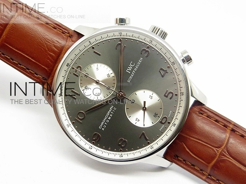 Portuguese 40mm Chrono SS Gray Dial Sliver subdial on Leather Strap A7750
