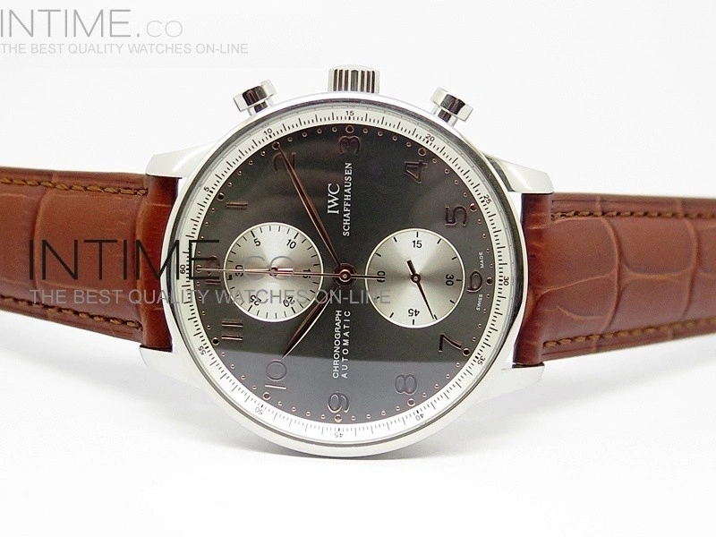 Portuguese 40mm Chrono SS Gray Dial Sliver subdial on Leather Strap A7750