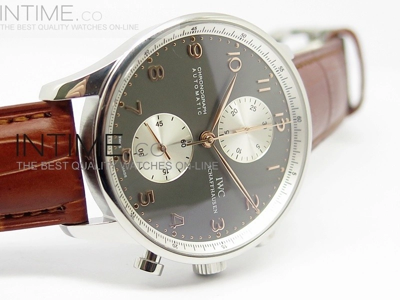 Portuguese 40mm Chrono SS Gray Dial Sliver subdial on Leather Strap A7750