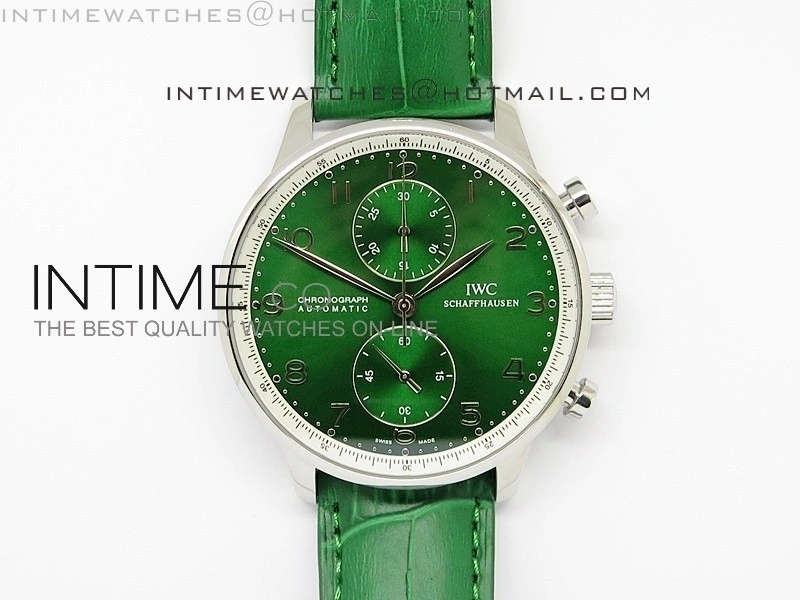Portuguese 40mm Chrono SS Green Dial on Leather Strap A7750