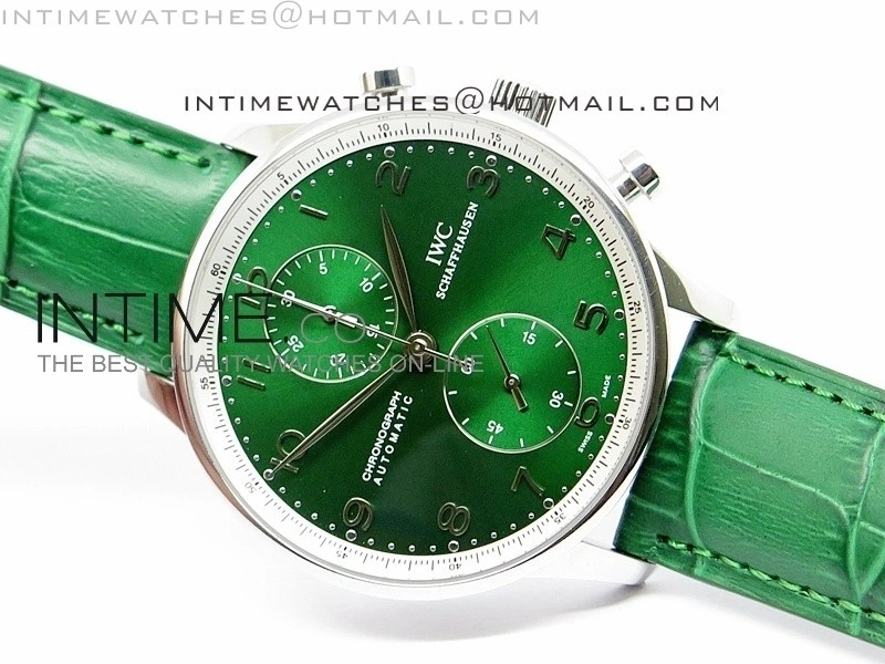 Portuguese 40mm Chrono SS Green Dial on Leather Strap A7750