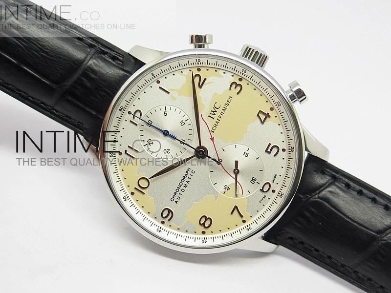 Portuguese 40mm Chrono SS Map Dial on Leather Strap A7750