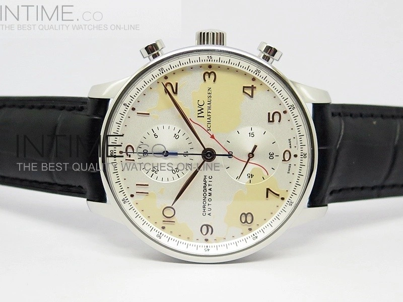 Portuguese 40mm Chrono SS Map Dial on Leather Strap A7750