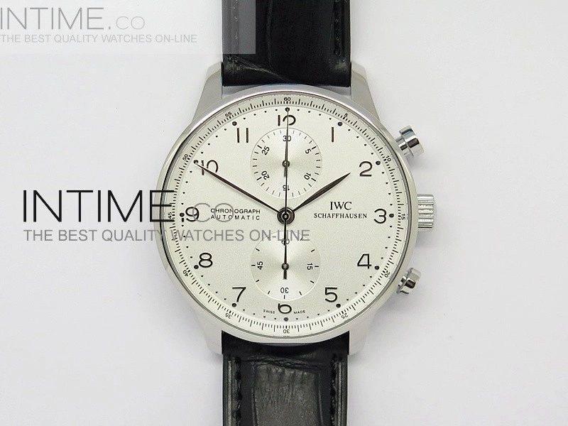 Portuguese 40mm Chrono SS White Dial Sliver Number on Leather Strap A7750