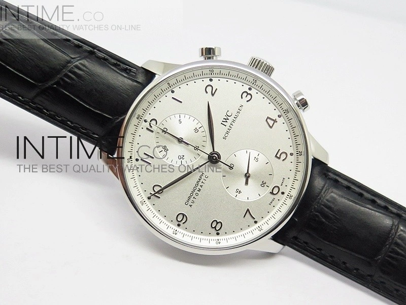Portuguese 40mm Chrono SS White Dial Sliver Number on Leather Strap A7750