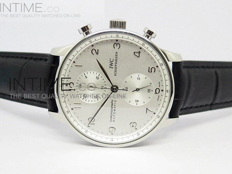 Portuguese 40mm Chrono SS White Dial Sliver Number on Leather Strap A7750