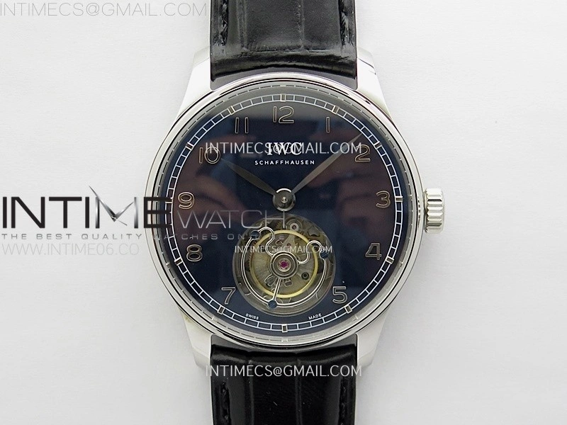 Portuguese Tourbillon SS AXF Blue Dial Sliver Numbers on Black Leather Strap