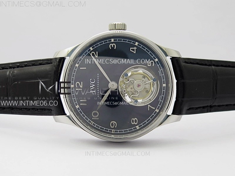 Portuguese Tourbillon SS AXF Blue Dial Sliver Numbers on Black Leather Strap